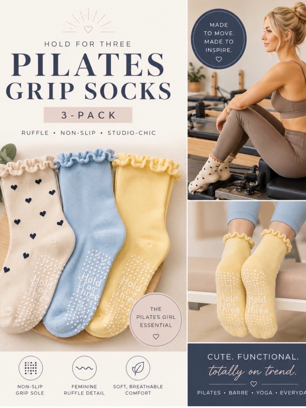 Hold For Three Pilates Ankle Socks - Pastel Blue, Yellow & Cream,  NWT
